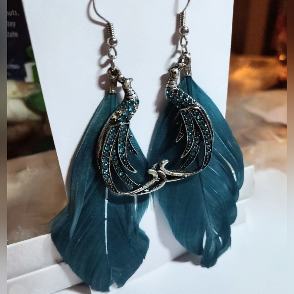 Teal Blue Feather Earrings with Jeweled Peacocks - Picture 8 of 13